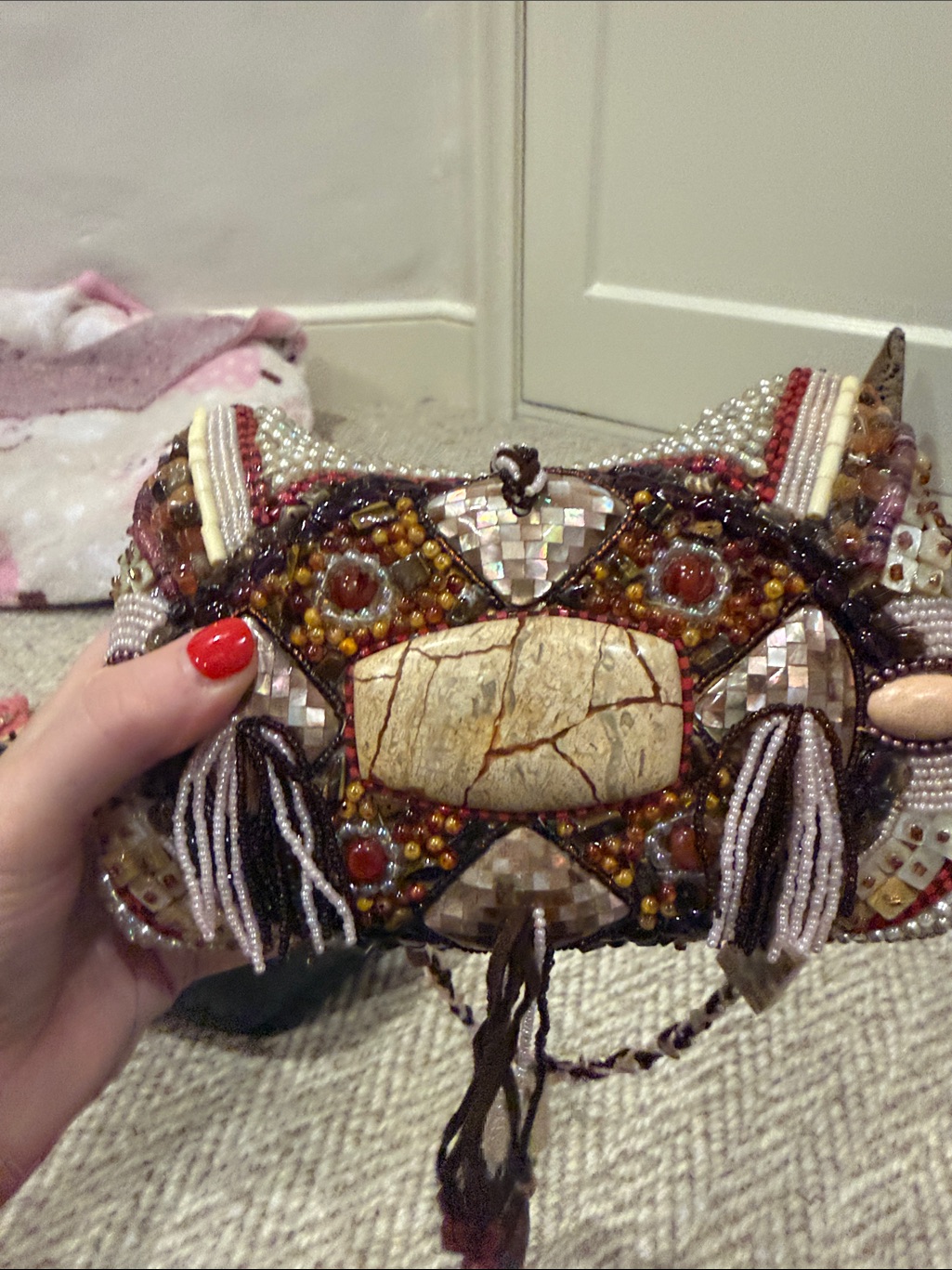 Mary Frances Beaded Mosaic Clutch In Brown, Cream & Gold